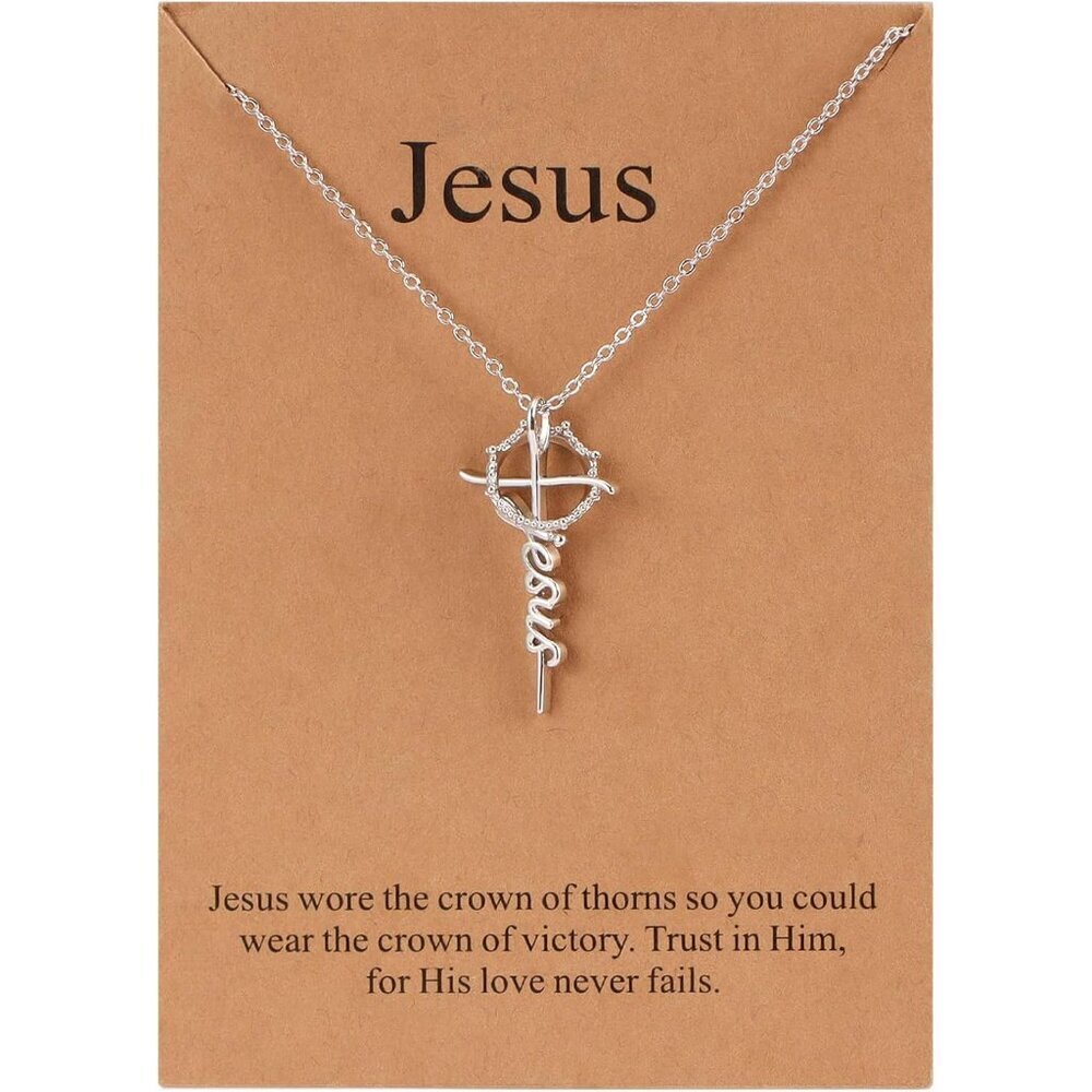 Religious Cross Crown Necklace Brass Silver Women Gift Christian Faith